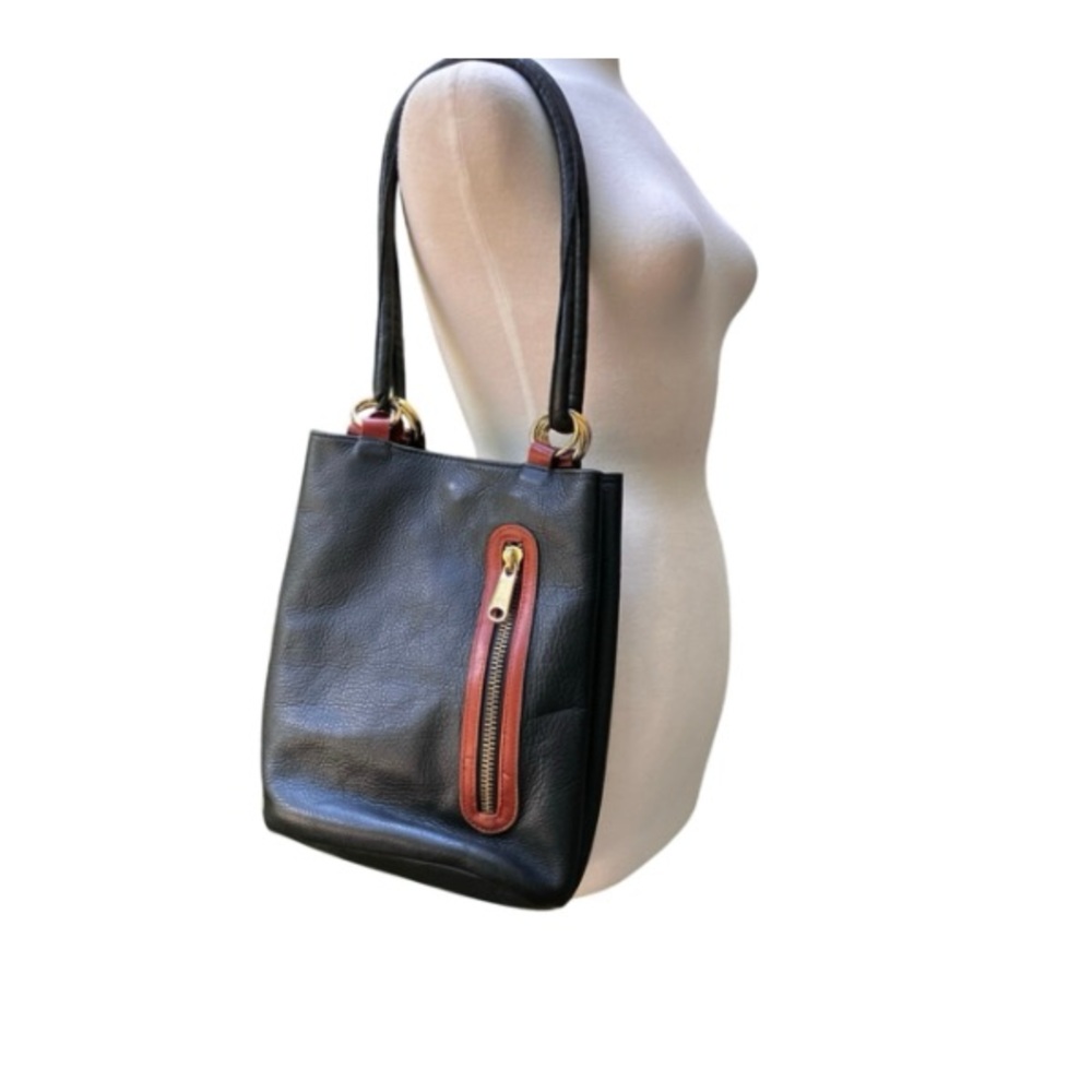 Black Leather Shoulder Bag with Brown Trim
